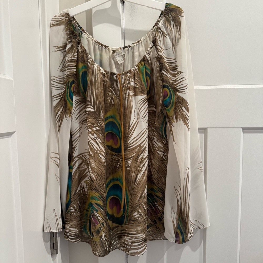Boston Proper Women White Chiffon Blouse Peacock Feather Print Blouse SZ Small